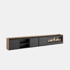Móvel de TV, Muito espaço de arrumação, 315x35x50cm, Para televisores até 80, Lareira eléctrica XXL, Estilo moderno, Preto e Carvalho