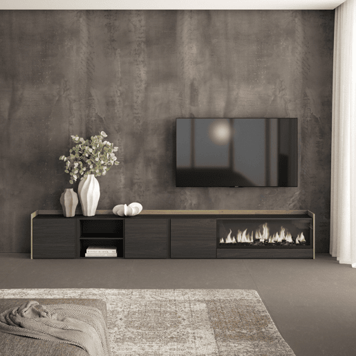Móvel de TV, Muito espaço de arrumação, 315x35x50cm, Para televisores até 80, Lareira eléctrica XXL, Estilo moderno, Preto e Carvalho