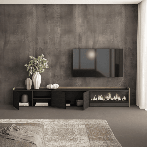 Móvel de TV, Muito espaço de arrumação, 315x35x50cm, Para televisores até 80, Lareira eléctrica XXL, Estilo moderno, Preto e Carvalho