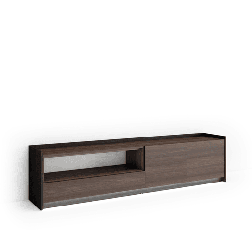 Móvel de TV, Muito espaço de arrumação, 207x37x50cm, Para televisores até 80, LED, Estilo moderno, Carvalho escuro e Preto