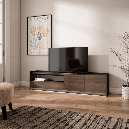 Móvel de TV, Muito espaço de arrumação, 207x37x50cm, Para televisores até 80, LED, Estilo moderno, Carvalho escuro e Preto