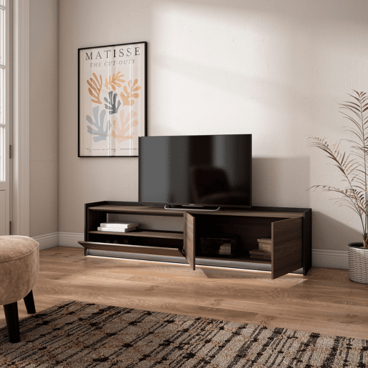 Móvel de TV, Muito espaço de arrumação, 207x37x50cm, Para televisores até 80, LED, Estilo moderno, Carvalho escuro e Preto