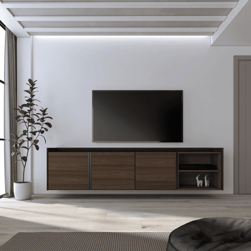 Móvel de TV, Muito espaço de arrumação, 207x35x50cm, Para televisores até 80, Suspensos, Estilo moderno, Carvalho escuro e Preto