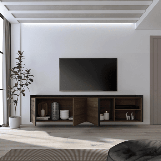 Móvel de TV, Muito espaço de arrumação, 207x35x50cm, Para televisores até 80, Suspensos, Estilo moderno, Carvalho escuro e Preto