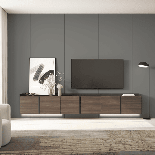 Móvel de TV, Muito espaço de arrumação, 309x35x50cm, Para televisores até 80, Suspensos, LED, Estilo moderno, Carvalho escuro e Preto Móvel de TV, Muito espaço de arrumação, 309x35x50cm, Para televisores até 80, Suspensos, LED, Estilo moderno, Carvalho escuro e Preto