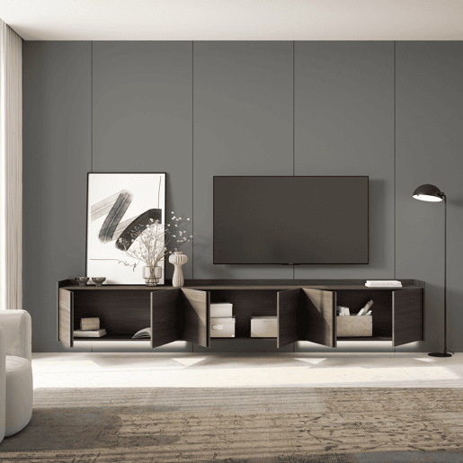 Móvel de TV, Muito espaço de arrumação, 309x35x50cm, Para televisores até 80, Suspensos, LED, Estilo moderno, Carvalho escuro e Preto Móvel de TV, Muito espaço de arrumação, 309x35x50cm, Para televisores até 80, Suspensos, LED, Estilo moderno, Carvalho escuro e Preto