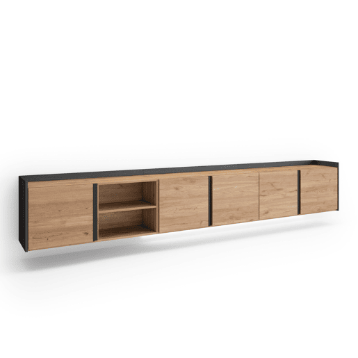Móvel de TV, Muito espaço de arrumação, 309x35x50cm, Para televisores até 80, Suspensos, LED, Estilo moderno, Carvalho e preto Móvel de TV, Muito espaço de arrumação, 309x35x50cm, Para televisores até 80, Suspensos, LED, Estilo moderno, Carvalho e preto