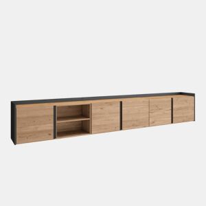 Móvel de TV, Muito espaço de arrumação, 309x35x50cm, Para televisores até 80, Suspensos, LED, Estilo moderno, Carvalho e preto