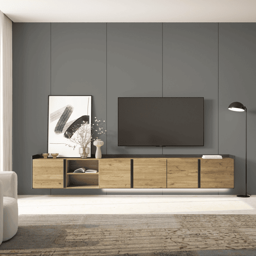 Móvel de TV, Muito espaço de arrumação, 309x35x50cm, Para televisores até 80, Suspensos, LED, Estilo moderno, Carvalho e preto Móvel de TV, Muito espaço de arrumação, 309x35x50cm, Para televisores até 80, Suspensos, LED, Estilo moderno, Carvalho e preto