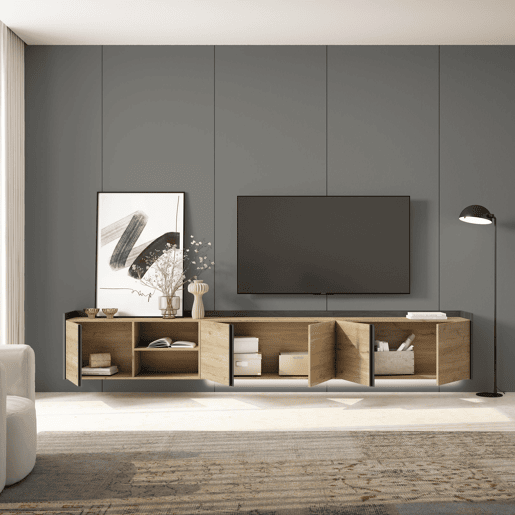 Móvel de TV, Muito espaço de arrumação, 309x35x50cm, Para televisores até 80, Suspensos, LED, Estilo moderno, Carvalho e preto Móvel de TV, Muito espaço de arrumação, 309x35x50cm, Para televisores até 80, Suspensos, LED, Estilo moderno, Carvalho e preto