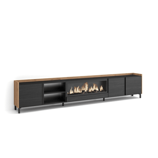 Móvel de TV, Muito espaço de arrumação, 315x35x61cm, Para televisores até 80, Lareira eléctrica XXL, Design industrial, LED, Estilo moderno, Preto e Carvalho