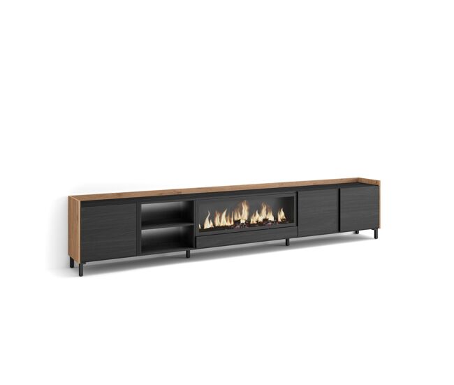 Mueble tv, televisión, muebles de salón, almacenaje, 315x35x61cm, para tv hasta 80", chimenea eléctrica xxl, diseño industrial, led, estilo moderno, negro y roble