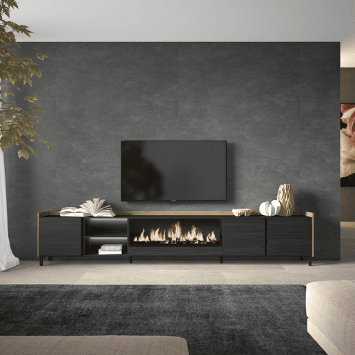Móvel de TV, Muito espaço de arrumação, 315x35x61cm, Para televisores até 80, Lareira eléctrica XXL, Design industrial, LED, Estilo moderno, Preto e Carvalho