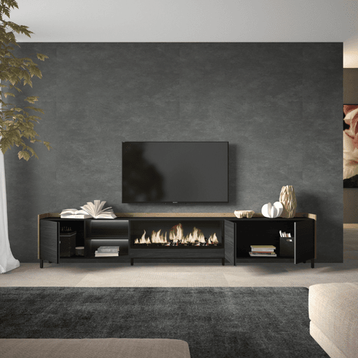 Móvel de TV, Muito espaço de arrumação, 315x35x61cm, Para televisores até 80, Lareira eléctrica XXL, Design industrial, LED, Estilo moderno, Preto e Carvalho