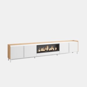 Móvel de TV, Muito espaço de arrumação, 315x35x61cm, Para televisores até 80, Lareira eléctrica XXL, Design industrial, Estilo moderno, Branco e Carvalho soft