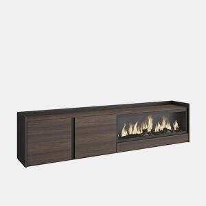 Móvel de TV, Muito espaço de arrumação, 212x35x50cm, Para televisores até 80, Lareira eléctrica XXL, LED, Estilo moderno, Carvalho escuro e Preto