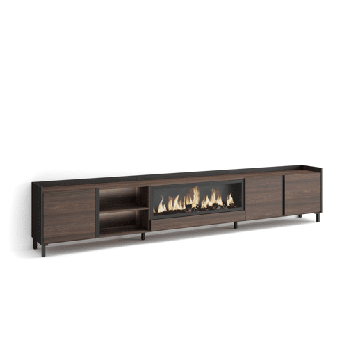 Móvel de TV, Muito espaço de arrumação, 315x35x61cm, Para televisores até 80, Lareira eléctrica XXL, Design industrial, LED, Estilo moderno, Carvalho escuro e Preto