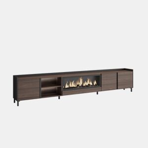 Móvel de TV, Muito espaço de arrumação, 315x35x61cm, Para televisores até 80, Lareira eléctrica XXL, Design industrial, LED, Estilo moderno, Carvalho escuro e Preto