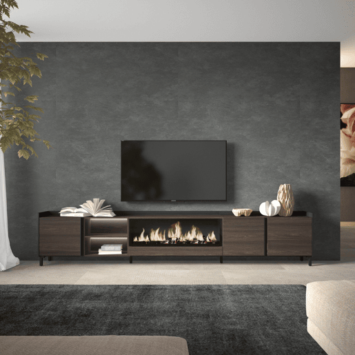 Móvel de TV, Muito espaço de arrumação, 315x35x61cm, Para televisores até 80, Lareira eléctrica XXL, Design industrial, LED, Estilo moderno, Carvalho escuro e Preto