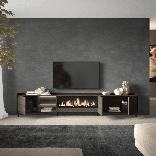 Móvel de TV, Muito espaço de arrumação, 315x35x61cm, Para televisores até 80, Lareira eléctrica XXL, Design industrial, LED, Estilo moderno, Carvalho escuro e Preto