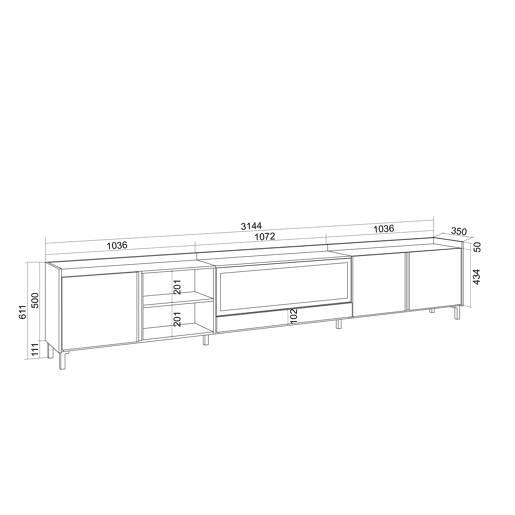 Móvel de TV, Muito espaço de arrumação, 315x35x61cm, Para televisores até 80, Lareira eléctrica XXL, Design industrial, LED, Estilo moderno, Carvalho escuro e Preto