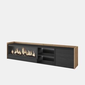 Móvel de TV, Muito espaço de arrumação, 212x35x50cm, Para televisores até 80, Lareira eléctrica XXL, LED, Estilo moderno, Preto e Carvalho