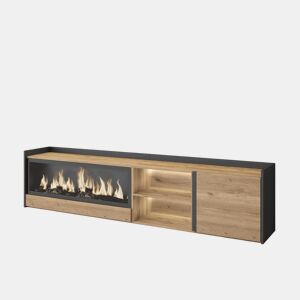 Móvel de TV, Muito espaço de arrumação, 212x35x50cm, Para televisores até 80, Lareira eléctrica XXL, LED, Estilo moderno, Carvalho e preto