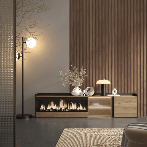 Móvel de TV, Muito espaço de arrumação, 212x35x50cm, Para televisores até 80, Lareira eléctrica XXL, LED, Estilo moderno, Carvalho e preto