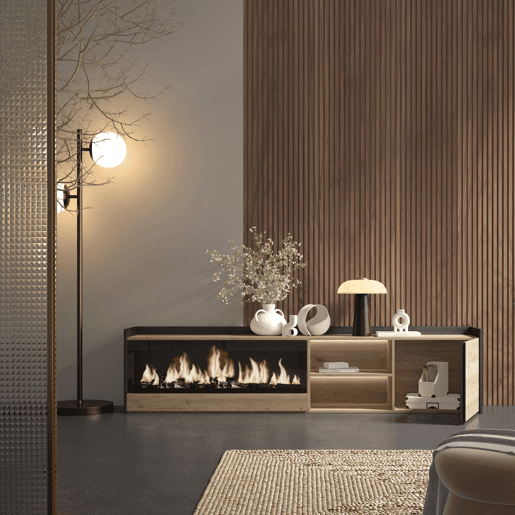 Móvel de TV, Muito espaço de arrumação, 212x35x50cm, Para televisores até 80, Lareira eléctrica XXL, LED, Estilo moderno, Carvalho e preto