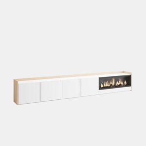 Móvel de TV, Muito espaço de arrumação, 315x35x50cm, Para televisores até 80, Lareira eléctrica XXL, Estilo moderno, Branco e Carvalho soft
