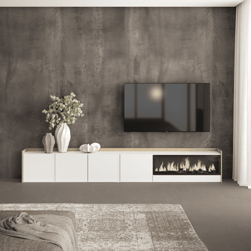 Móvel de TV, Muito espaço de arrumação, 315x35x50cm, Para televisores até 80, Lareira eléctrica XXL, Estilo moderno, Branco e Carvalho soft Móvel de TV, Muito espaço de arrumação, 315x35x50cm, Para televisores até 80, Lareira eléctrica XXL, Estilo moderno, Branco e Carvalho soft