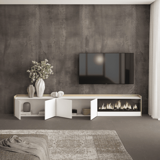 Móvel de TV, Muito espaço de arrumação, 315x35x50cm, Para televisores até 80, Lareira eléctrica XXL, Estilo moderno, Branco e Carvalho soft Móvel de TV, Muito espaço de arrumação, 315x35x50cm, Para televisores até 80, Lareira eléctrica XXL, Estilo moderno, Branco e Carvalho soft