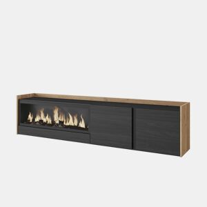 Móvel de TV, Muito espaço de arrumação, 212x35x50cm, Para televisores até 80, Lareira eléctrica XXL, Suspensos, Estilo moderno, Preto e Carvalho