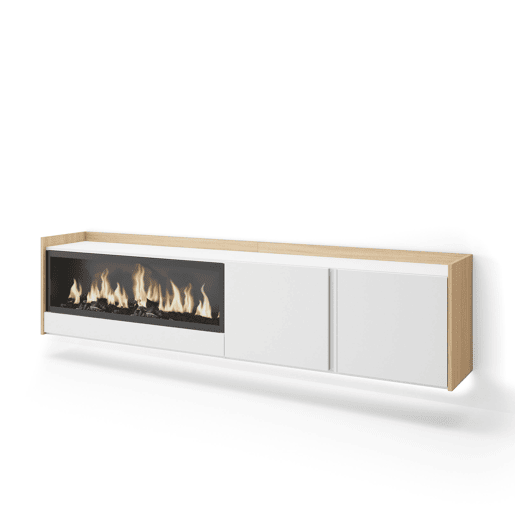 Móvel de TV, Muito espaço de arrumação, 212x35x50cm, Para televisores até 80, Lareira eléctrica XXL, Suspensos, LED, Estilo moderno, Branco e Carvalho soft