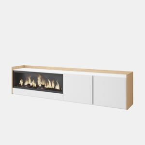 Móvel de TV, Muito espaço de arrumação, 212x35x50cm, Para televisores até 80, Lareira eléctrica XXL, Suspensos, LED, Estilo moderno, Branco e Carvalho soft