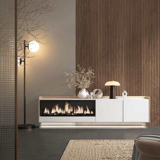 Móvel de TV, Muito espaço de arrumação, 212x35x50cm, Para televisores até 80, Lareira eléctrica XXL, Suspensos, LED, Estilo moderno, Branco e Carvalho soft