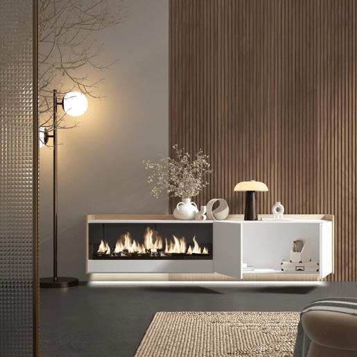 Móvel de TV, Muito espaço de arrumação, 212x35x50cm, Para televisores até 80, Lareira eléctrica XXL, Suspensos, LED, Estilo moderno, Branco e Carvalho soft