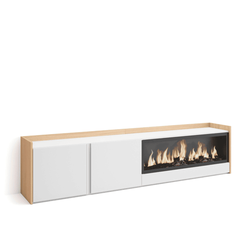 Móvel de TV, Muito espaço de arrumação, 212x35x50cm, Para televisores até 80, Lareira eléctrica XXL, Estilo moderno, Branco e Carvalho soft