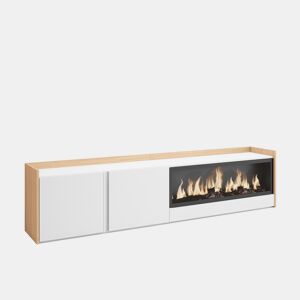 Móvel de TV, Muito espaço de arrumação, 212x35x50cm, Para televisores até 80, Lareira eléctrica XXL, Estilo moderno, Branco e Carvalho soft