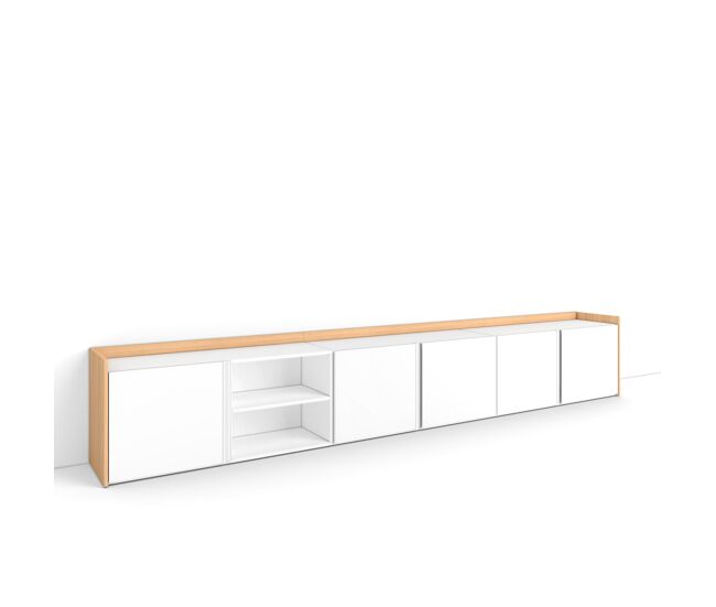 Mueble tv, televisión, muebles de salón, almacenaje, 309x35x50cm, para tv hasta 80", con almacenamiento, estilo moderno, blanco y roble soft