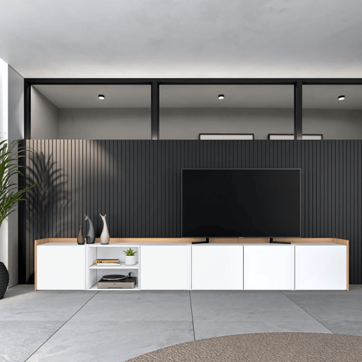 Móvel de TV, Muito espaço de arrumação, 309x35x50cm, Para televisores até 80, Estante para TV, Estilo moderno, Branco e Carvalho soft