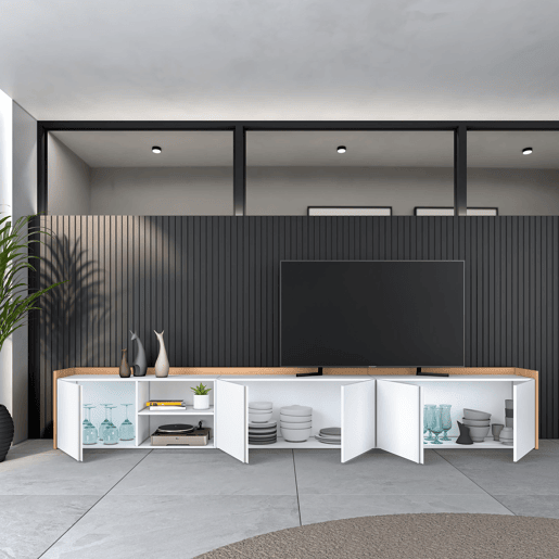 Móvel de TV, Muito espaço de arrumação, 309x35x50cm, Para televisores até 80, Estante para TV, Estilo moderno, Branco e Carvalho soft