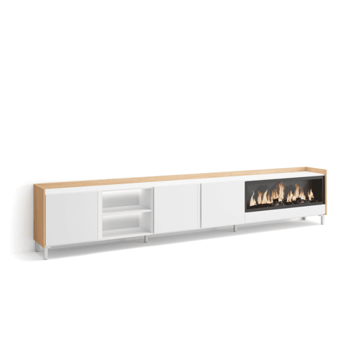 Móvel de TV, Muito espaço de arrumação, 315x35x61cm, Para televisores até 80, Lareira eléctrica XXL, Design industrial, LED, Estilo moderno, Branco e Carvalho soft Móvel de TV, Muito espaço de arrumação, 315x35x61cm, Para televisores até 80, Lareira eléctrica XXL, Design industrial, LED, Estilo moderno, Branco e Carvalho soft