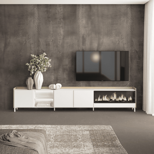 Móvel de TV, Muito espaço de arrumação, 315x35x61cm, Para televisores até 80, Lareira eléctrica XXL, Design industrial, LED, Estilo moderno, Branco e Carvalho soft Móvel de TV, Muito espaço de arrumação, 315x35x61cm, Para televisores até 80, Lareira eléctrica XXL, Design industrial, LED, Estilo moderno, Branco e Carvalho soft