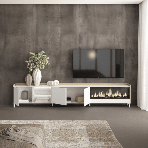 Móvel de TV, Muito espaço de arrumação, 315x35x61cm, Para televisores até 80, Lareira eléctrica XXL, Design industrial, LED, Estilo moderno, Branco e Carvalho soft Móvel de TV, Muito espaço de arrumação, 315x35x61cm, Para televisores até 80, Lareira eléctrica XXL, Design industrial, LED, Estilo moderno, Branco e Carvalho soft