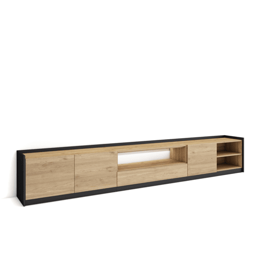 Móvel de TV, Muito espaço de arrumação, 310x37x50cm, Para televisores até 80, LED, Estilo moderno, Carvalho e preto
