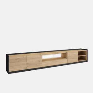 Móvel de TV, Muito espaço de arrumação, 310x37x50cm, Para televisores até 80, LED, Estilo moderno, Carvalho e preto