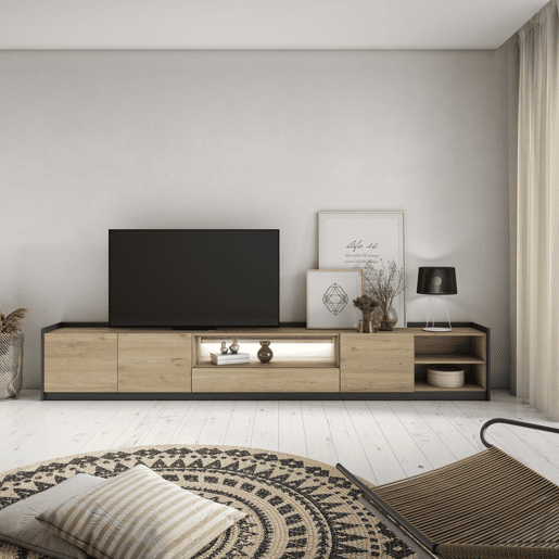 Móvel de TV, Muito espaço de arrumação, 310x37x50cm, Para televisores até 80, LED, Estilo moderno, Carvalho e preto