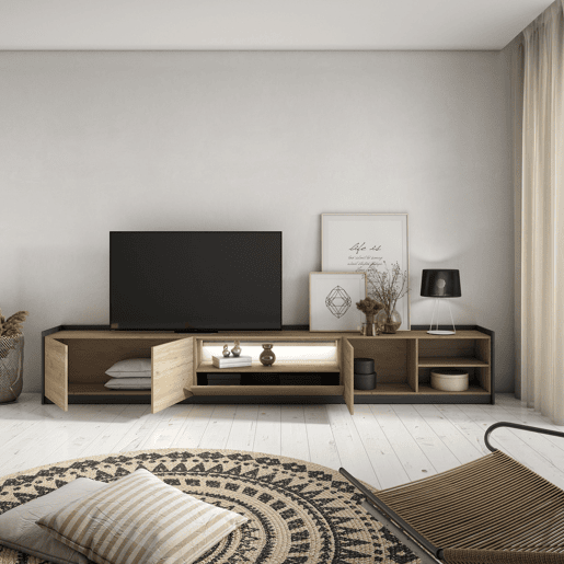 Móvel de TV, Muito espaço de arrumação, 310x37x50cm, Para televisores até 80, LED, Estilo moderno, Carvalho e preto
