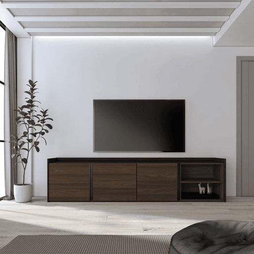 Móvel de TV, Muito espaço de arrumação, 207x35x50cm, Para televisores até 80, Estante para TV, Estilo moderno, Carvalho escuro e Preto
